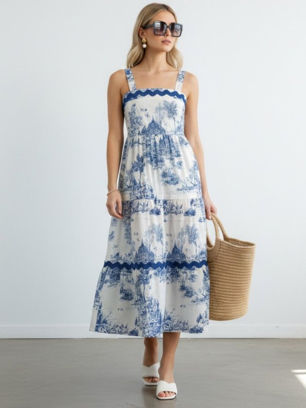 Umgee NWT Blue Toile Midi Dress Ric Rac Trim Cotton Womens M